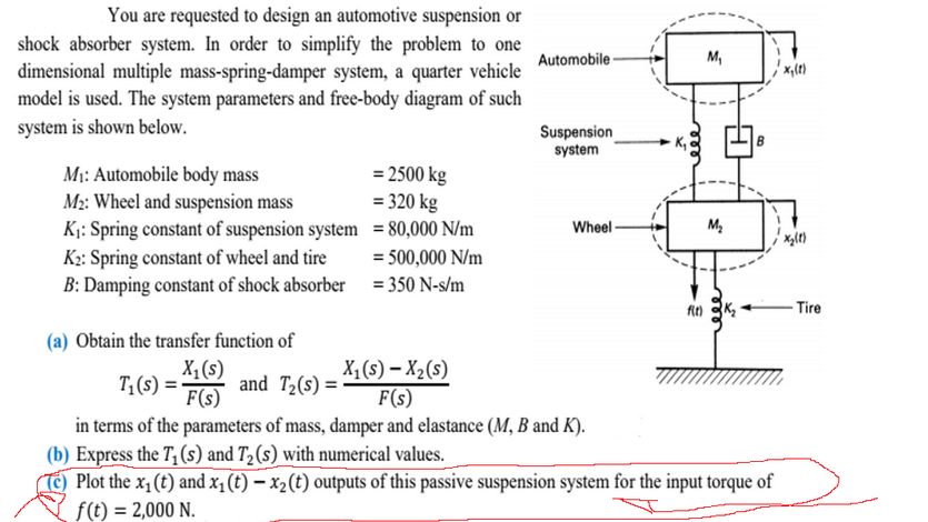 You are requested to design an automotive suspension or
shock absorber system. In order to simplify the problem to one
dimensional multiple mass-spring-damper system, a quarter vehicle
model is used. The system parameters and free-body diagram of such
system is shown below.
M₁: Automobile body mass
M₂: Wheel and suspension mass
K₁: Spring constant of suspension system
K2: Spring constant of wheel and tire
B: Damping constant of shock absorber
(a) Obtain the transfer function of
X₁ (s)
F(s)
T₁(s) =
= 2500 kg
= 320 kg
and T₂(s) =
= 80,000 N/m
= 500,000 N/m
= 350 N-s/m
Automobile-
Suspension
system
Wheel-
M₁
M₂
X₁ (s) - X₂ (S)
F(s)
in terms of the parameters of mass, damper and elastance (M, B and K).
(b) Express the T₁ (s) and T₂ (s) with numerical values.
c) Plot the x₁ (t) and x₁ (t) = x₂(t) outputs of this passive suspension system for the input torque
f(t) = 2,000 N.
fit) K₂
x₂(t)
-Tire