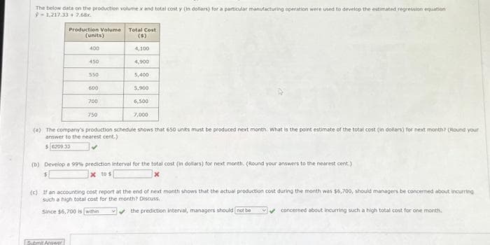 The below data on the production volume x and total costy (in dollars) for a particular manufacturing operation were used to develop the estimated regression equation
9-1,217.33 +7.68x.
Production Volume Total Cost
(units)
400
450
550
Submit Answer
600
700
750
4,100
4,900
5,400
5,900
6,500
7,000
(a) The company's production schedule shows that 650 units must be produced next month. What is the point estimate of the total cost (in dollars) for next month? (Round your
answer to the nearest cent.)
$ 6209 33
(b) Develop a 99% prediction interval for the total cost (in dollars) for next month. (Round your answers to the nearest cent.)
$
x to s
(c) If an accounting cost report at the end of next month shows that the actual production cost during the month was $6,700, should managers be concerned about incurring
such a high total cost for the month? Discuss.
Since $6,700 is within
✔✔the prediction interval, managers should not be
✔ concerned about incurring such a high total cost for one month.