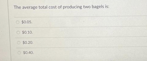 The average total cost of producing two bagels is:
O $0.05.
$0.10.
$0.20.
$0.40.