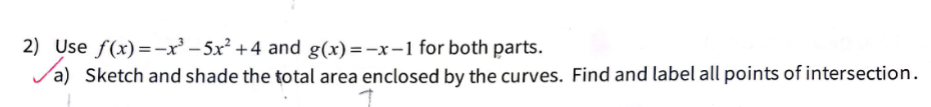 2) Use f(x)=-x³-5x² +4 and g(x)=-x-1 for both parts.
a) Sketch and shade the total area enclosed by the curves. Find and label all points of intersection.