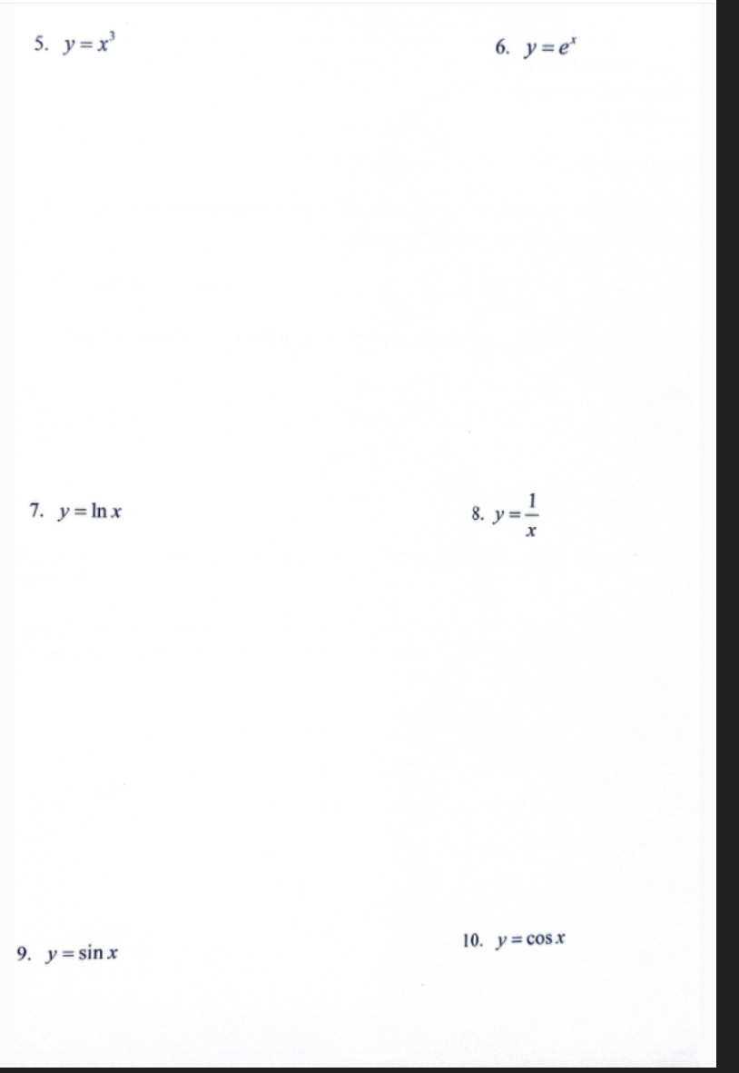 5. y=x³
6. y=e*
7. y=Inx
8. y=1
9. y=sin x
10. y=cos.x