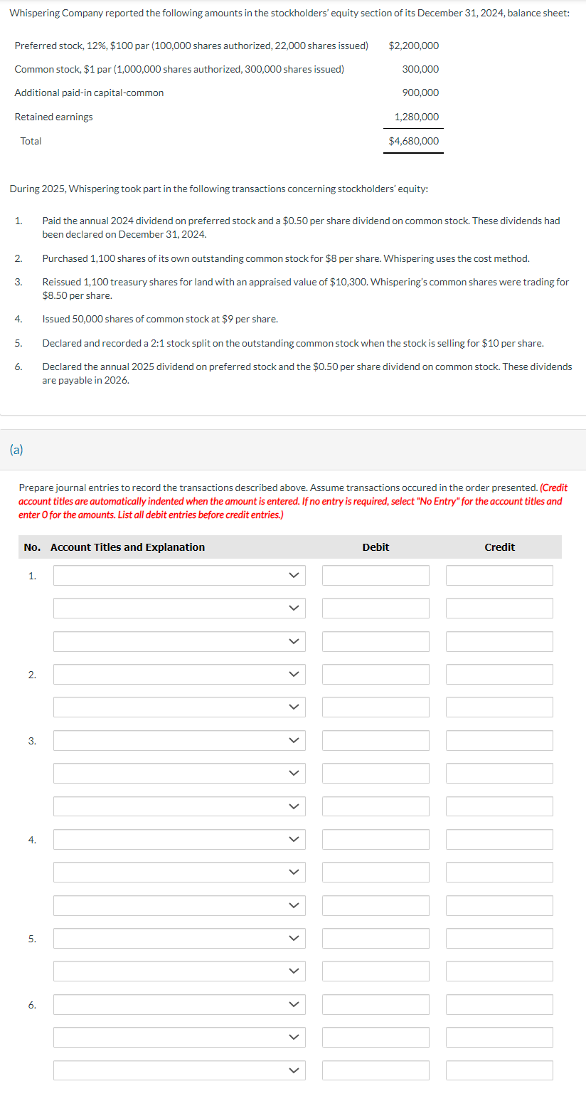 Whispering Company reported the following amounts in the stockholders' equity section of its December 31, 2024, balance sheet:
Preferred stock, 12%, $100 par ( 100,000 shares authorized, 22,000 shares issued)
Common stock, $1 par (1,000,000 shares authorized, 300,000 shares issued)
Additional paid-in capital-common
Retained earnings
Total
1.
2.
3.
4.
During 2025, Whispering took part in the following transactions concerning stockholders' equity:
5.
6.
(a)
1.
No. Account Titles and Explanation
2.
3.
4.
5.
Prepare journal entries to record the transactions described above. Assume transactions occured in the order presented. (Credit
account titles are automatically indented when the amount is entered. If no entry is required, select "No Entry" for the account titles and
enter O for the amounts. List all debit entries before credit entries.)
6.
>
Paid the annual 2024 dividend on preferred stock and a $0.50 per share dividend on common stock. These dividends had
been declared on December 31, 2024.
>
Purchased 1,100 shares of its own outstanding common stock for $8 per share. Whispering uses the cost method.
Reissued 1,100 treasury shares for land with an appraised value of $10,300. Whispering's common shares were trading for
$8.50 per share.
Issued 50,000 shares of common stock at $9 per share.
Declared and recorded a 2:1 stock split on the outstanding common stock when the stock is selling for $10 per share.
Declared the annual 2025 dividend on preferred stock and the $0.50 per share dividend on common stock. These dividends
are payable in 2026.
> >
>
$2,200,000
>
>
300,000
<
900,000
> >
1,280,000
$4,680,000
Debit
Credit