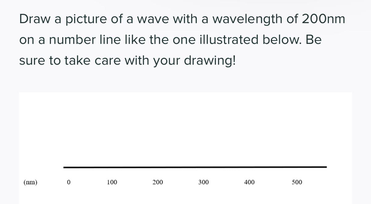 Draw a picture of a wave with a wavelength of 200nm
on a number line like the one illustrated below. Be
sure to take care with your drawing!
(nm)
0
100
200
300
400
500