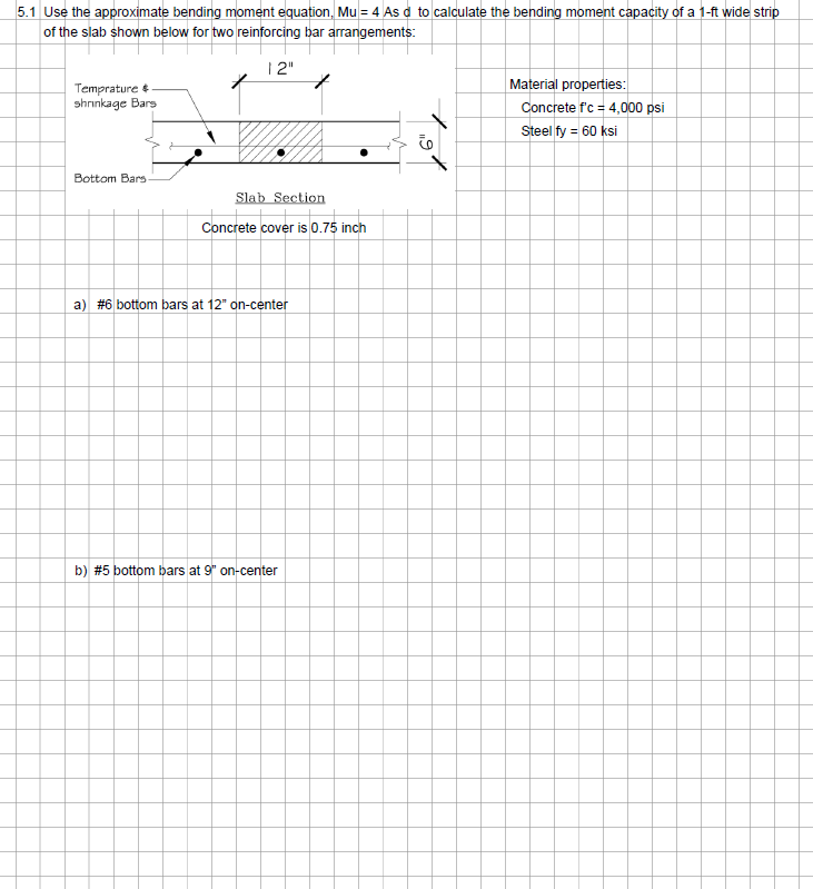 5.1 Use the approximate bending moment equation, Mu = 4 As d to calculate the bending moment capacity of a 1-ft wide strip
of the slab shown below for two reinforcing bar arrangements:
12"
Temprature &
shrinkage Bars
Bottom Bars
Slab Section
Concrete cover is 0.75 inch
a) #6 bottom bars at 12" on-center
b) #5 bottom bars at 9" on-center
Material properties:
Concrete f'c = 4,000 psi
Steel fy = 60 ksi