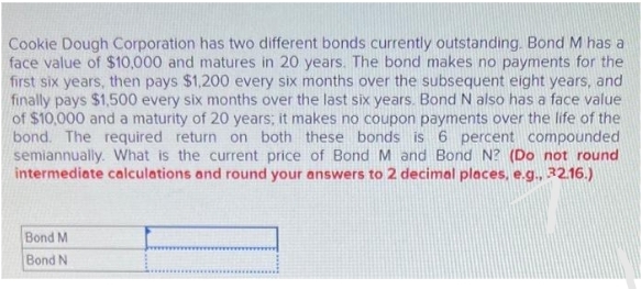 Cookie Dough Corporation has two different bonds currently outstanding. Bond M has a
face value of $10,000 and matures in 20 years. The bond makes no payments for the
first six years, then pays $1,200 every six months over the subsequent eight years, and
finally pays $1,500 every six months over the last six years. Bond N also has a face value
of $10,000 and a maturity of 20 years; it makes no coupon payments over the life of the
bond. The required return on both these bonds is 6 percent compounded
semiannually. What is the current price of Bond M and Bond N? (Do not round
intermediate calculations and round your answers to 2 decimal places, e.g., 32.16.)
Bond M
Bond N