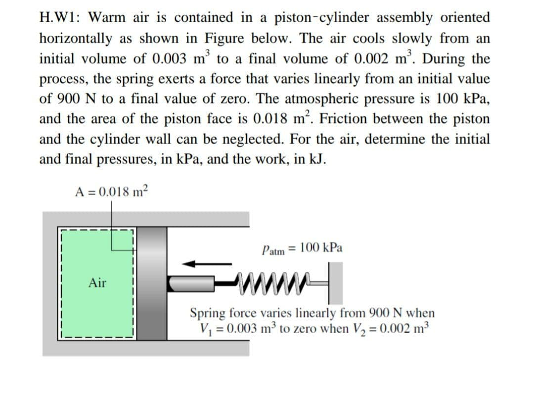 H.W1: Warm air is contained in a piston-cylinder assembly oriented
horizontally as shown in Figure below. The air cools slowly from an
initial volume of 0.003 m to a final volume of 0.002 m'. During the
process, the spring exerts a force that varies linearly from an initial value
of 900 N to a final value of zero. The atmospheric pressure is 100 kPa,
and the area of the piston face is 0.018 m. Friction between the piston
and the cylinder wall can be neglected. For the air, determine the initial
and final pressures, in kPa, and the work, in kJ.
A = 0.018 m2
Patm = 100 kPa
Air
Spring force varies linearly from 900 N when
V = 0.003 m³ to zero when V, = 0.002 m³
