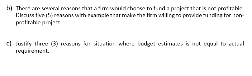 b) There are several reasons that a firm would choose to fund a project that is not profitable.
Discuss five (5) reasons with example that make the firm willing to provide funding for non-
profitable project.
c) Justify three (3) reasons for situation where budget estimates is not equal to actual
requirement.
