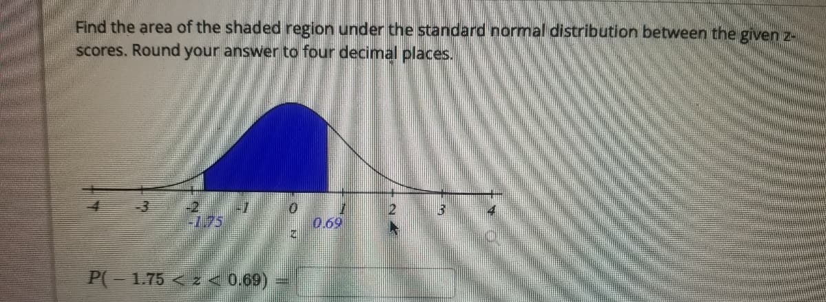 Find the area of the shaded region under the standard normal distribution between the given z-
scores. Round your answer to four decinmal places.
-1.75
0.69
P(-1.75 < z <0.69)
