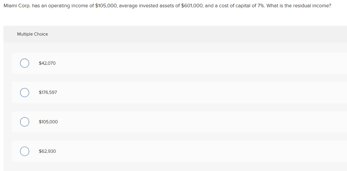 Miami Corp. has an operating income of $105,000, average invested assets of $601,000, and a cost of capital of 7%. What is the residual income?
Multiple Choice
$42,070
$176,597
$105,000
$62,930
