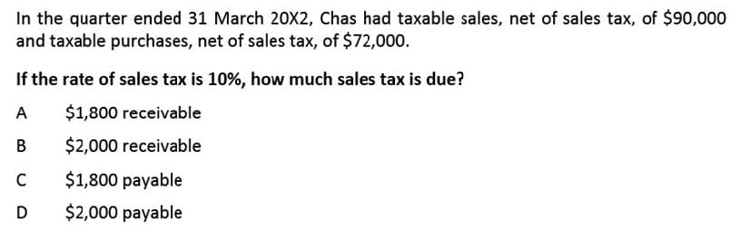 In the quarter ended 31 March 20X2, Chas had taxable sales, net of sales tax, of $90,000
and taxable purchases, net of sales tax, of $72,000.
If the rate of sales tax is 10%, how much sales tax is due?
A
$1,800 receivable
В
$2,000 receivable
C
$1,800 payable
D
$2,000 payable
