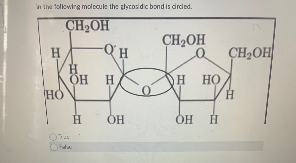 in the following molecule the glycosidic bond is circled.
CH2OH
CH2OH
H
CH2OH
OH
HO
H
H
НО
H.
ОН
ÓH
True
False
