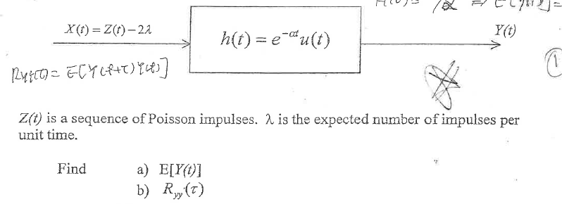 X(t) = Z(t)-2λ
h(t) = e¯u(t)
Y(t)
Ry) = ((f+)943]
Z(t) is a sequence of Poisson impulses. λ is the expected number of impulses per
unit time.
Find
a) E[Y(t)]
b) R(T)