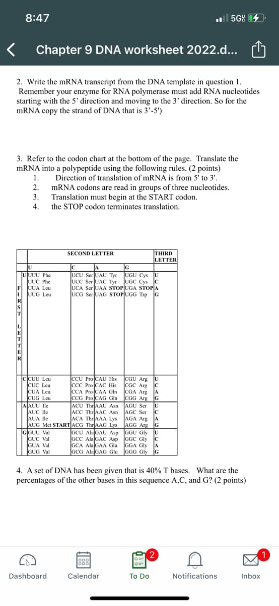 8:47
ll 5G% 4
Chapter 9 DNA worksheet 2022.d...
2. Write the mRNA transcript from the DNA template in question 1.
Remember your enzyme for RNA polymerase must add RNA nucleotides
starting with the 5' direction and moving to the 3' direction. So for the
MRNA copy the strand of DNA that is 3'-5')
3. Refer to the codon chart at the bottom of the page. Translate the
mRNA into a polypeptide using the following rules. (2 points)
Direction of translation of mRNA is from 5' to 3'.
1.
MRNA codons are read in groups of three nucleotides.
3.
Translation must begin at the START codon.
4.
the STOP codon terminates translation.
2.
THIRD
LETTER
SECOND LETTER
U
TulUUU Phe
UUC Phe
UUA Leu
UUG Leu
A
UGU Cys U
JUGC Cys C
UCU Ser UAU Tyr
UCC Ser UAC Tyr
UCA Ser UAA STOP UGA STOPA
UCG Ser UAG STOPUGG Tp G
CCUU Leu
CÚC Leu
CỦA Leu
CUG Leu
AJAUU Ile
AUC Ile
AUA Ile
AUG Met STARTACG ThrAAG Lys
GGUU Val
GUC Val
GUA Val
GUG Val
CCU Pro CAU His
CCC Pro CAC His
CCA Pro CAA Gln
CCG Pro CAG Gln
ACU ThrAAU Asn AGU Ser
АCС ThrAAC Asn
ACA Thr AAA Lys
CGU Arg U
CGC Arg
C
CGA Arg A
CGG Arg
IG
Ju
AGC Ser
C
AGA Arg
JA
GCU Ala GAU Asp GGU Gly
GCC Ala GAC Asp
GCA Ala GAA Glu
GCG Ala GAG Glu GGG Gly G
AGG Arg
U
GGC Gly
C
GGA Gly A
4. A set of DNA has been given that is 40% T bases. What are the
percentages of the other bases in this sequence A,C, and G? (2 points)
2
1
000
000
Dashboard
Calendar
To Do
Notifications
Inbox
因
