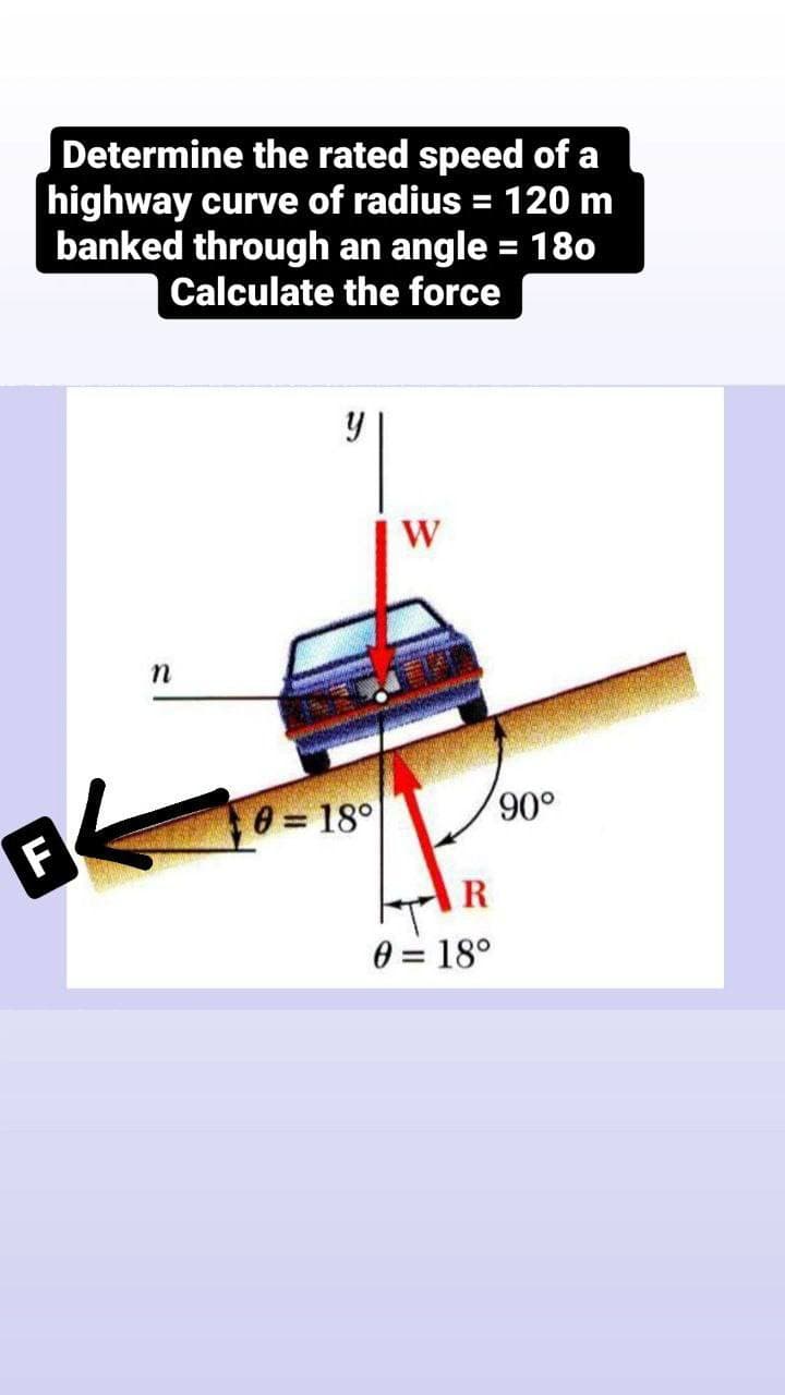 Determine the rated speed of a
highway curve of radius
banked through an angle = 180
Calculate the force
120 m
%3D
%3D
0 = 18°
90°
R
0 = 18°
