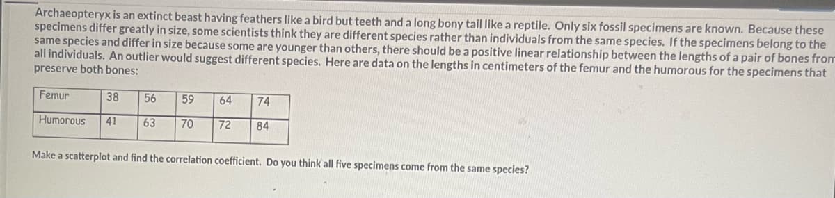 Archaeopteryx is an extinct beast having feathers like a bird but teeth and a long bony tail like a reptile. Only six fossil specimens are known. Because these
specimens differ greatly in size, some scientists think they are different species rather than individuals from the same species. If the specimens belong to the
same species and differ in size because some are younger than others, there should be a positive linear relationship between the lengths of a pair of bones from
all individuals. An outlier would suggest different species. Here are data on the lengths in centimeters of the femur and the humorous for the specimens that
preserve both bones:
Femur
38
Humorous 41 63
56
59 64
70
74
72 84
Make a scatterplot and find the correlation coefficient. Do you think all five specimens come from the same species?