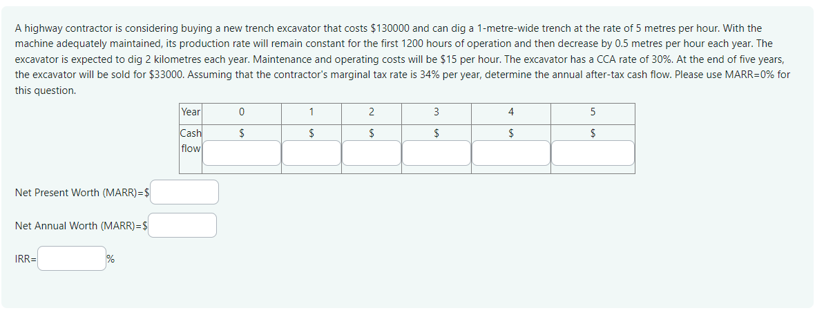 A highway contractor is considering buying a new trench excavator that costs $130000 and can dig a 1-metre-wide trench at the rate of 5 metres per hour. With the
machine adequately maintained, its production rate will remain constant for the first 1200 hours of operation and then decrease by 0.5 metres per hour each year. The
excavator is expected to dig 2 kilometres each year. Maintenance and operating costs will be $15 per hour. The excavator has a CCA rate of 30%. At the end of five years,
the excavator will be sold for $33000. Assuming that the contractor's marginal tax rate is 34% per year, determine the annual after-tax cash flow. Please use MARR=0% for
this question.
Net Present Worth (MARR)=$
Net Annual Worth (MARR)=$
IRR=
%
Year
0
1
2
3
4
5
Cash
flow
$
$
$
$
$
$