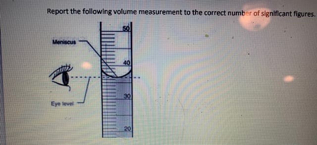 Report the following volume measurement to the correct number of significant figures.
Meniscus
40
30
Eye tevel
20
