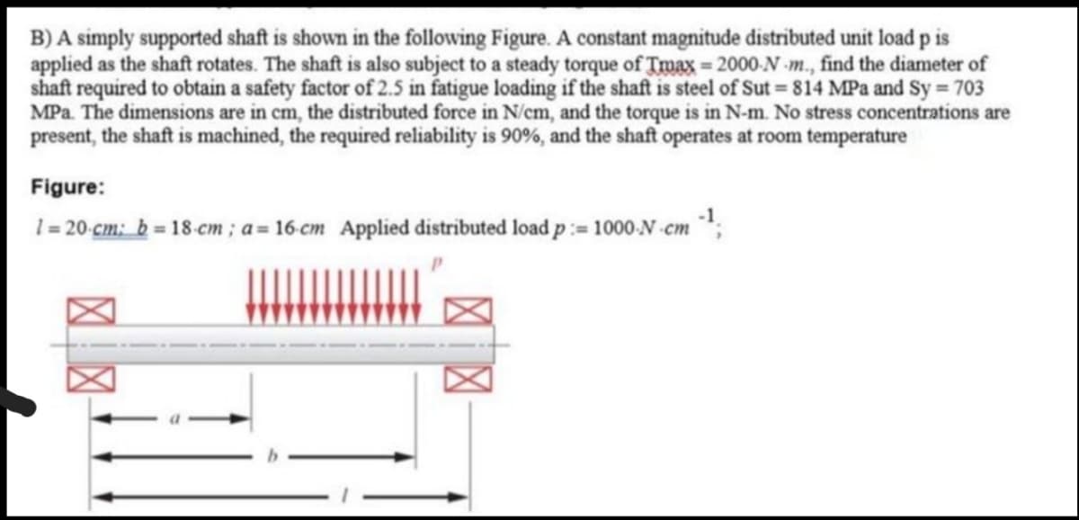 B) A simply supported shaft is shown in the following Figure. A constant magnitude distributed unit load p is
applied as the shaft rotates. The shaft is also subject to a steady torque of Tmax 2000-N -m., find the diameter of
shaft required to obtain a safety factor of 2.5 in fatigue loading if the shaft is steel of Sut 814 MPa and Sy 703
MPa. The dimensions are in cm, the distributed force in N/cm, and the torque is in N-m. No stress concentrations are
present, the shaft is machined, the required reliability is 90%, and the shaft operates at room temperature
Figure:
1= 20-cm: b = 18-cm ; a = 16 cm Applied distributed load p:= 1000 N em ;
区区
