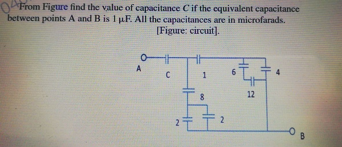 From Figure find the value of capacitance C if the equivalent capacitance
between points A and B is 1 µF. All the capacitances are in microfarads.
[Figure: circuit].
A
1
6
4
8
12
B
2.

