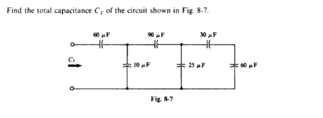 Find the total capacitance C, of the circuit shown in Fig. 8-7.
60 μF
90 μF
30 μF
SFF.
Cr
: 10 μF
25 μF
Fig. 8-7
: 60 μF