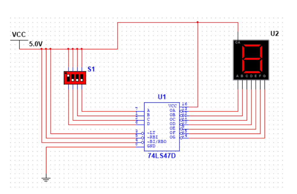 VCC
5.0V
411
S1
ABCD
Ե
5
U1.
~LI
~RBI
BI/RBO
GND
VCC
OA
OB
OC
OD
OF
OF.
OG
74LS47D
13
ABCDEFO
U2