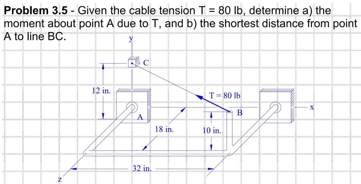 Problem 3.5 - Given the cable tension T = 80 lb, determine a) the
moment about point A due to T, and b) the shortest distance from point
A to line BC.
பேயாபட்பயm
Fuu N
Z
pgயாக
12 in.
பாடுபட்ட
32 in.
18 in.
Anpmkm
T = 80 1b
=
10 in.
Em Ame
B
Sunn
பாடி
Commu
H