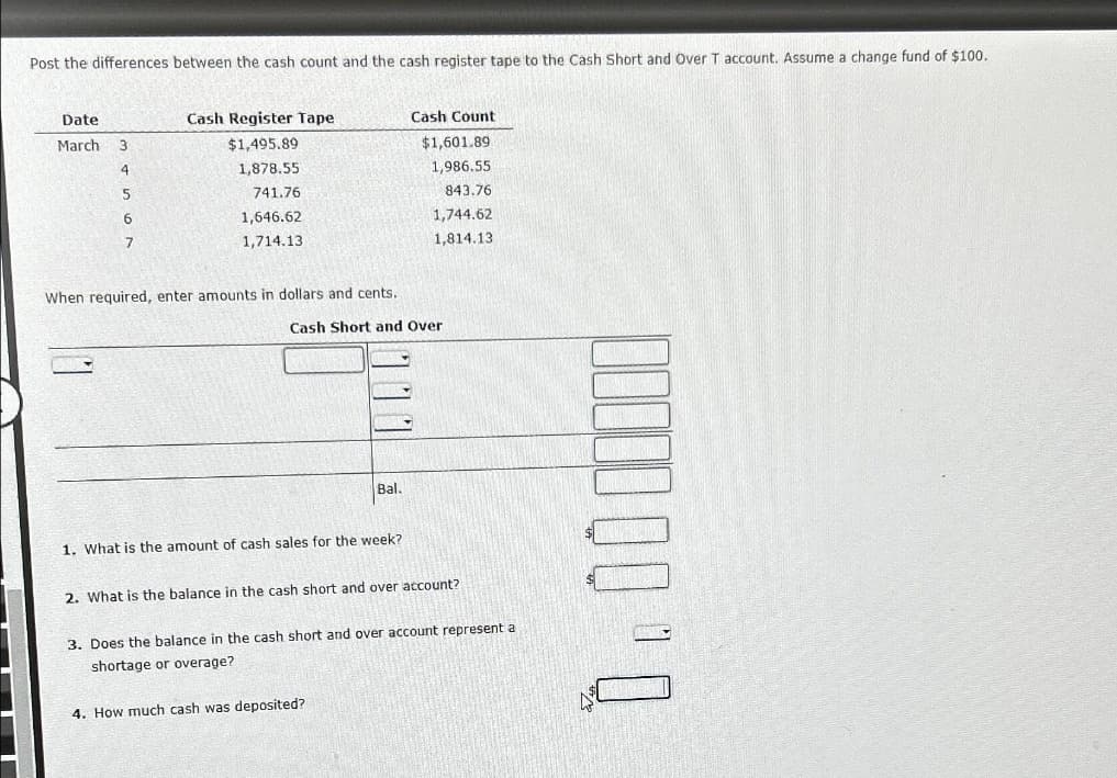 Post the differences between the cash count and the cash register tape to the Cash Short and Over T account. Assume a change fund of $100.
Date
March
3
4
5
6
7
Cash Register Tape
$1,495.89
1,878.55
741.76
1,646.62
1,714.13
When required, enter amounts in dollars and cents.
Cash Short and Over
Bal.
1. What is the amount of cash sales for the week?
Cash Count
$1,601.89
1,986.55
843.76
1,744.62
1,814.13
4. How much cash was deposited?
2. What is the balance in the cash short and over account?
3. Does the balance in the cash short and over account represent a
shortage or overage?
0.0000000