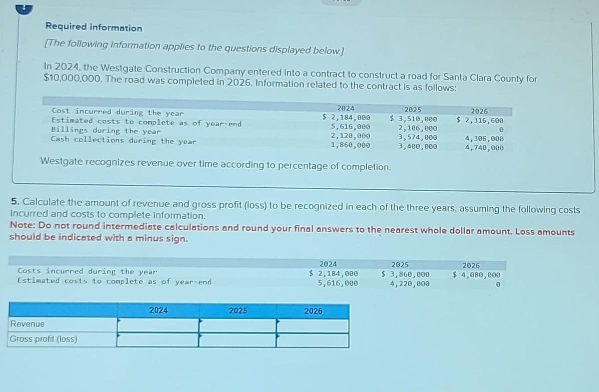 Required information
[The following information applies to the questions displayed below.]
In 2024, the Westgate Construction Company entered into a contract to construct a road for Santa Clara County for
$10,000,000. The road was completed in 2026. Information related to the contract is as follows:
Cost incurred during the year
Estimated costs to complete as of year-end
Billings during the year
Cash collections during the year
Westgate recognizes revenue over time according to percentage of completion.
Costs incurred during the year
Estimated costs to complete as of year-end
Revenue
Gross profit (loss)
2024
$ 2,184,000
5,616,000
2,120,000
1,860,000
2024
2025
5. Calculate the amount of revenue and gross profit (loss) to be recognized in each of the three years, assuming the following costs
incurred and costs to complete information.
Note: Do not round intermediate calculations and round your final answers to the nearest whole dollar amount. Loss amounts
should be indicated with a minus sign.
2024
$ 2,184,000
5,616,000
2025
$3,510,000
2,106,000
3,574,000
3,400,000
2026
2026
$ 2,316,600
2025
$ 3,860,000
4,220,000
0
4,306,000
4,740,000
2026
$ 4,080,000
0