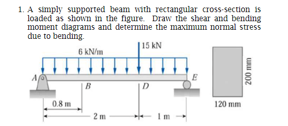 1. A simply supported beam with rectangular cross-section is
loaded as shown in the figure. Draw the shear and bending
moment diagrams and determine the maximum normal stress
due to bending.
15 kN
6 kN/m
A
E
B
|D
0.8 m
120 mm
2 m
+ 1m
200 mm

