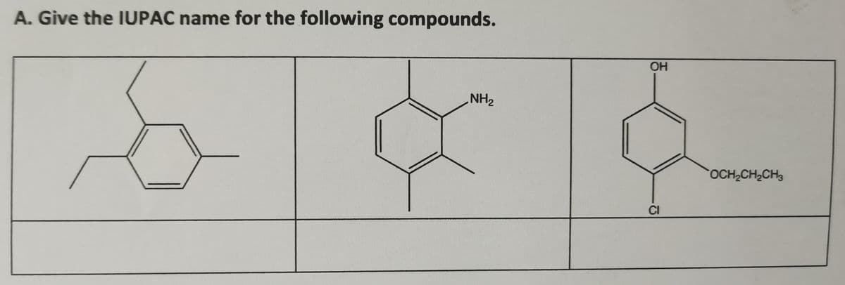 A. Give the IUPAC name for the following compounds.
OH
NH2
OCH2CH2CH3
CI
