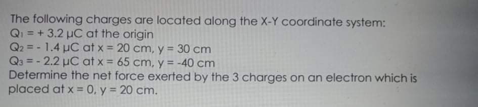 The following charges are located along the X-Y coordinate system:
QI = + 3.2 µC at the origin
Q2 = - 1.4 µC at x = 20 cm, y = 30 cm
Q3 = - 2.2 µC at x = 65 cm, y = -40 cm
Determine the net force exerted by the 3 charges on an electron which is
placed at x = 0, y = 20 cm.
%3D
