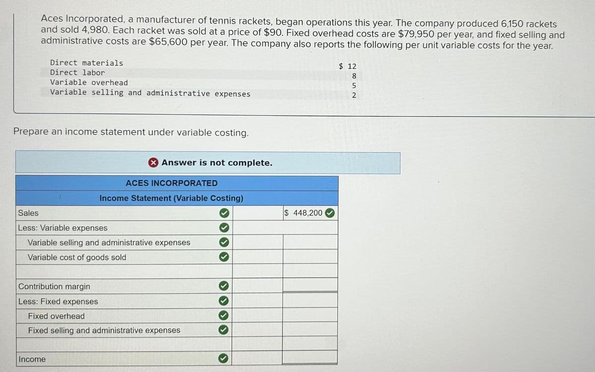 Aces Incorporated, a manufacturer of tennis rackets, began operations this year. The company produced 6,150 rackets
and sold 4,980. Each racket was sold at a price of $90. Fixed overhead costs are $79,950 per year, and fixed selling and
administrative costs are $65,600 per year. The company also reports the following per unit variable costs for the year.
Direct materials
Direct labor
Variable overhead
Variable selling and administrative expenses
Prepare an income statement under variable costing.
Contribution margin
Less: Fixed expenses
Income
X Answer is not complete.
Sales
Less: Variable expenses
Variable selling and administrative expenses
Variable cost of goods sold
ACES INCORPORATED
Income Statement (Variable Costing)
Fixed overhead
Fixed selling and administrative expenses
$ 448,200
2852
$12