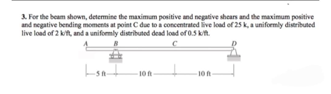 3. For the beam shown, determine the maximum positive and negative shears and the maximum positive
and negative bending moments at point C due to a concentrated live load of 25 k, a uniformly distributed
live load of 2 k/ft, and a uniformly distributed dead load of 0.5 k/ft.
B
|SA|
10 ft
+
10 ft