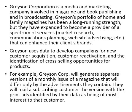 Greyson Corporation is a media and marketing
company involved in magazine and book publishing
and in broadcasting. Greyson's portfolio of home and
family magazines has been a long-running strength,
but they have expanded to become a provider of a
spectrum of services (market research,
communications planning, web site advertising, etc.)
that can enhance their client's brands.
Greyson uses data to develop campaigns for new
customer acquisition, customer reactivation, and the
identification of cross-selling opportunities for
products.
For example, Greyson Corp. will generate separate
versions of a monthly issue of a magazine that will
differ only by the advertisements they contain. They
will mail a subscribing customer the version with the
print ads identified by their data as being of most
interest to that customer.
