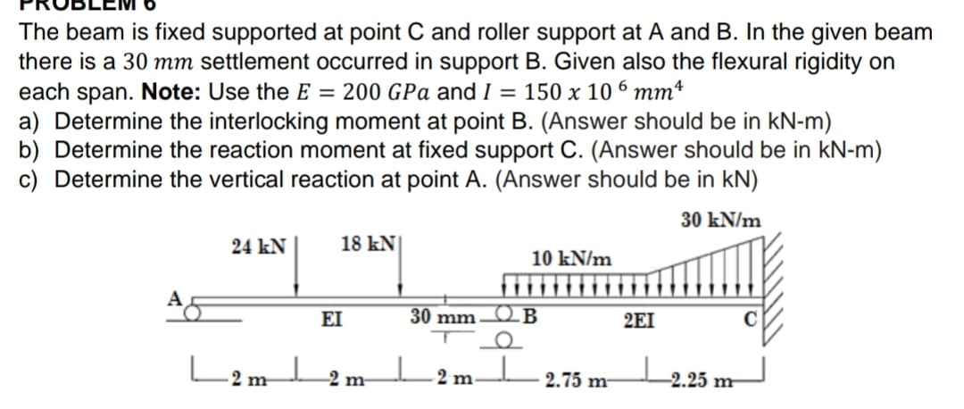 The beam is fixed supported at point C and roller support at A and B. In the given beam
there is a 30 mm settlement occurred in support B. Given also the flexural rigidity on
each span. Note: Use the E = 200 GPa and I = 150 x 106 mmª
a) Determine the interlocking moment at point B. (Answer should be in kN-m)
b) Determine the reaction moment at fixed support C. (Answer should be in kN-m)
c) Determine the vertical reaction at point A. (Answer should be in kN)
30 kN/m
24 kN
18 kN
EI
30 mm
L2m2m- I 2 m-
10 kN/m
QB
2.75 m-
2EI
-2.25 m