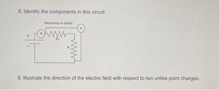 8. Identify the components in this circuit.
Resistance in Series
www
9. Illustrate the direction of the electric field with respect to two unlike point charges.