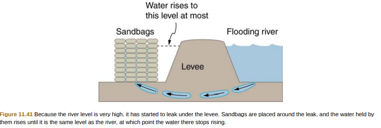Water rises to
this level at most
Sandbags
Flooding river
Levee
Figure 11.41 Because the river level is very high, it has started to leak under the levee. Sandbags are placed around the leak, and the water held by
them rises until it is the same level as the river, at which point the water there stops rising.
