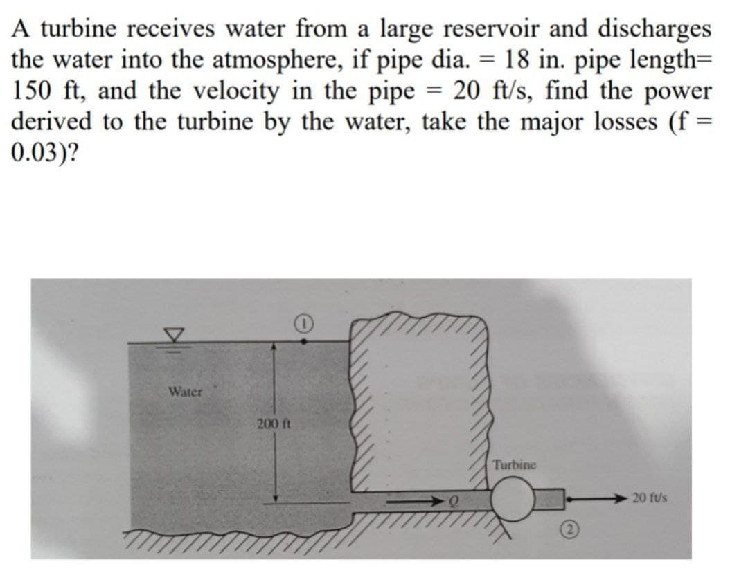 A turbine receives water from a large reservoir and discharges
the water into the atmosphere, if pipe dia. = 18 in. pipe length=
150 ft, and the velocity in the pipe = 20 ft/s, find the power
derived to the turbine by the water, take the major losses (f =
0.03)?
Water
200 ft
Turbine
20 fus