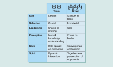Size
Selection
Leadership
Perception
Style
Spirit
*********
Team
Limited
Crucial
Shared or
rotating
Mutual
knowledge
understanding
Role spread
co-ordination
Dynamic
interaction
Group
Medium or
large
Immaterial
Solo
Focus on
leader
Convergence
conformism
Togetherness
persecution of
opponents