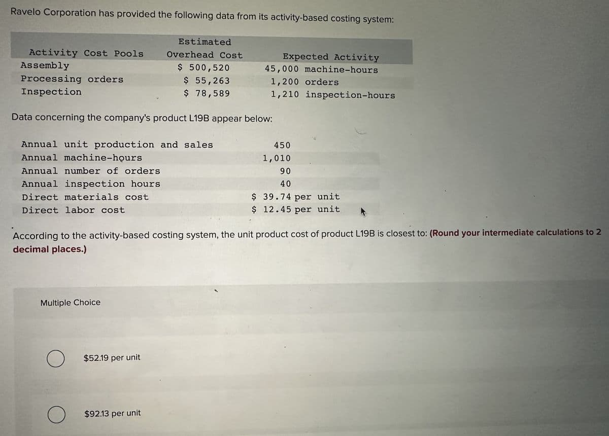 Ravelo Corporation has provided the following data from its activity-based costing system:
Activity Cost Pools
Assembly
Processing orders
Inspection
Estimated
Overhead Cost
$ 500,520
$ 55,263
$ 78,589
Expected Activity
45,000 machine-hours
Data concerning the company's product L19B appear below:
Annual unit production and sales
Annual machine-hours
Annual number of orders
Annual inspection hours
Direct materials cost
Direct labor cost
1,200 orders
1,210 inspection-hours
450
1,010
90
40
$ 39.74 per unit
$ 12.45 per unit
According to the activity-based costing system, the unit product cost of product L19B is closest to: (Round your intermediate calculations to 2
decimal places.)
Multiple Choice
О
$52.19 per unit
$92.13 per unit