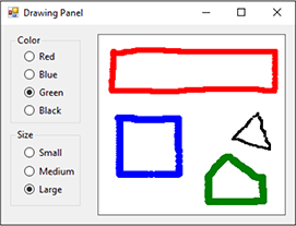 Drawing Panel
Color
Size
Red
Blue
Green
Black
O Small
O Medium
Large
Ox