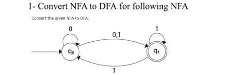 1- Convert NFA to DFA for following NFA
Convert the given NFA to DFA.
0,1
1
