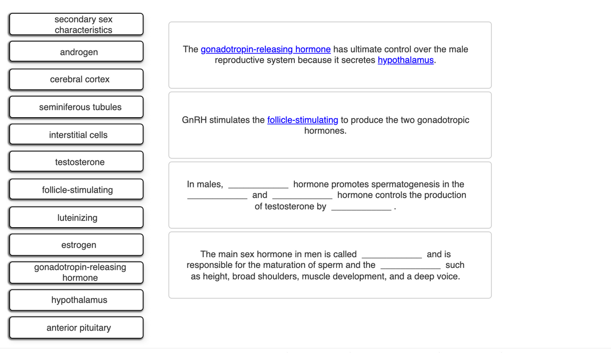 secondary sex
characteristics
The gonadotropin-releasing hormone has ultimate control over the male
reproductive system because it secretes hypothalamus.
androgen
cerebral cortex
seminiferous tubules
GNRH stimulates the follicle-stimulating to produce the two gonadotropic
hormones.
interstitial cells
testosterone
In males,
hormone promotes spermatogenesis in the
hormone controls the production
follicle-stimulating
and
of testosterone by
luteinizing
estrogen
The main sex hormone in men is called
and is
responsible for the maturation of sperm and the
as height, broad shoulders, muscle development, and a deep voice.
such
gonadotropin-releasing
hormone
hypothalamus
anterior pituitary
