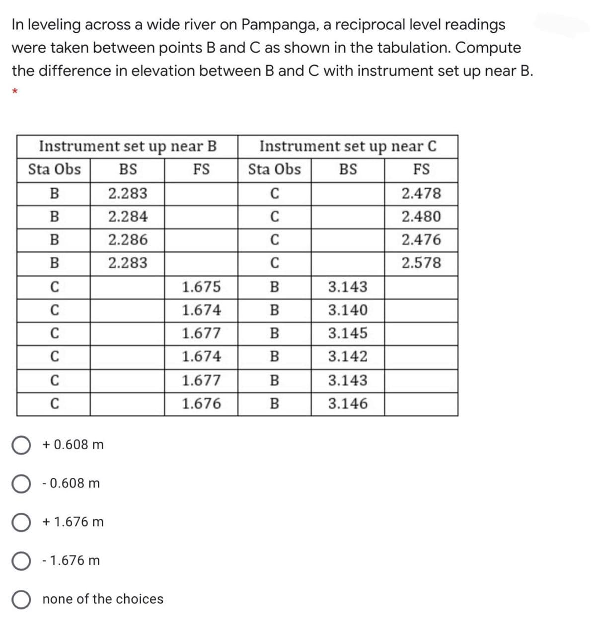 In leveling across a wide river on Pampanga, a reciprocal level readings
were taken between points B and C as shown in the tabulation. Compute
the difference in elevation between B and C with instrument set up near B.
Instrument set up near B
Instrument set up near C
Sta Obs
BS
FS
Sta Obs
BS
FS
2.283
C
2.478
В
2.284
C
2.480
2.286
C
2.476
2.283
C
2.578
C
1.675
3.143
C
1.674
B
3.140
1.677
B
3.145
1.674
B
3.142
C
1.677
B
3.143
C
1.676
B
3.146
+ 0.608 m
- 0.608 m
+ 1.676 m
- 1.676 m
none of the choices
