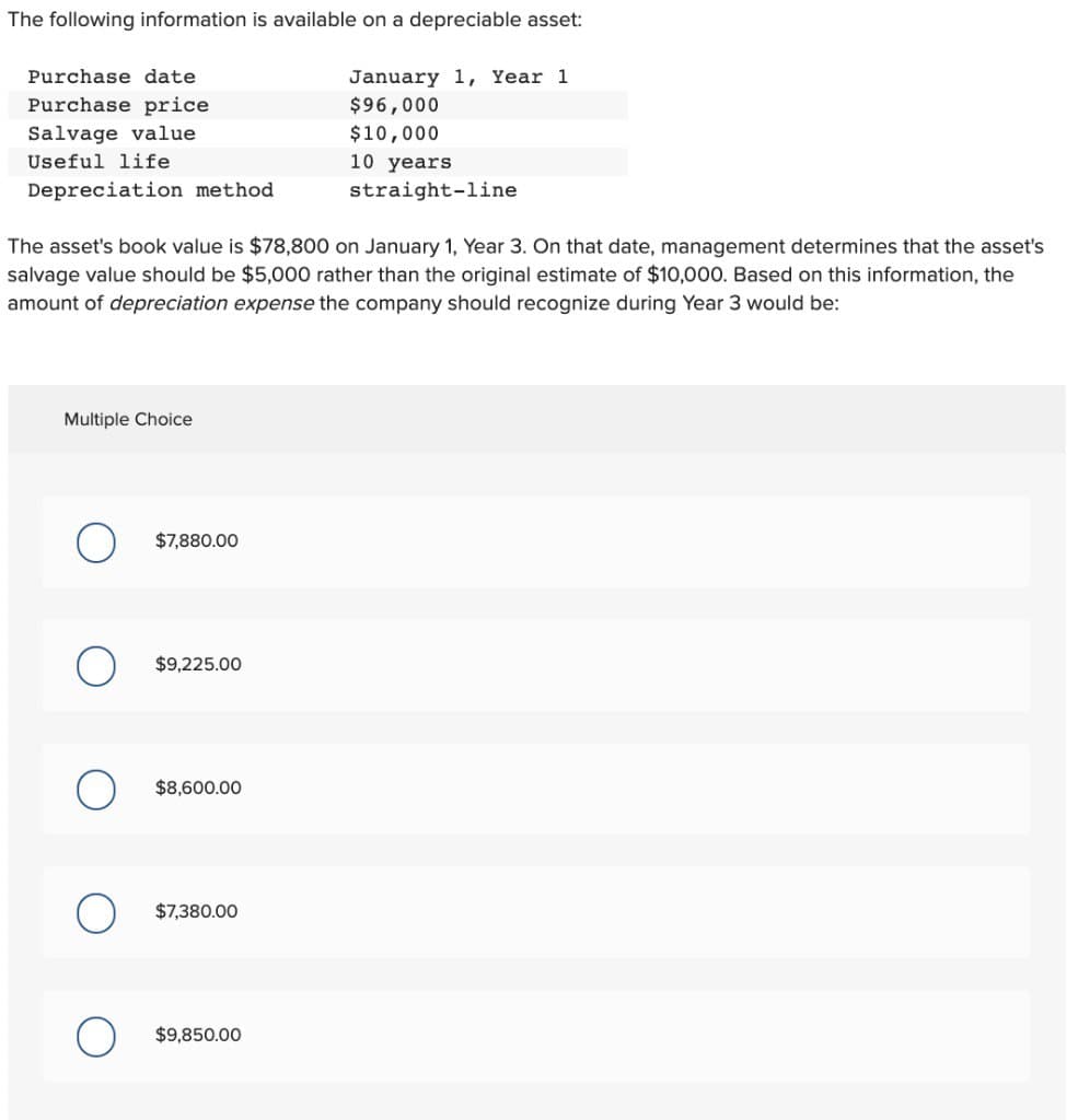 The following information is available on a depreciable asset:
Purchase date
January 1, Year 1
Purchase price
$96,000
Salvage value
$10,000
Useful life
10 years
Depreciation method
straight-line
The asset's book value is $78,800 on January 1, Year 3. On that date, management determines that the asset's
salvage value should be $5,000 rather than the original estimate of $10,000. Based on this information, the
amount of depreciation expense the company should recognize during Year 3 would be:
Multiple Choice
$7,880.00
$9,225.00
$8,600.00
$7,380.00
$9,850.00