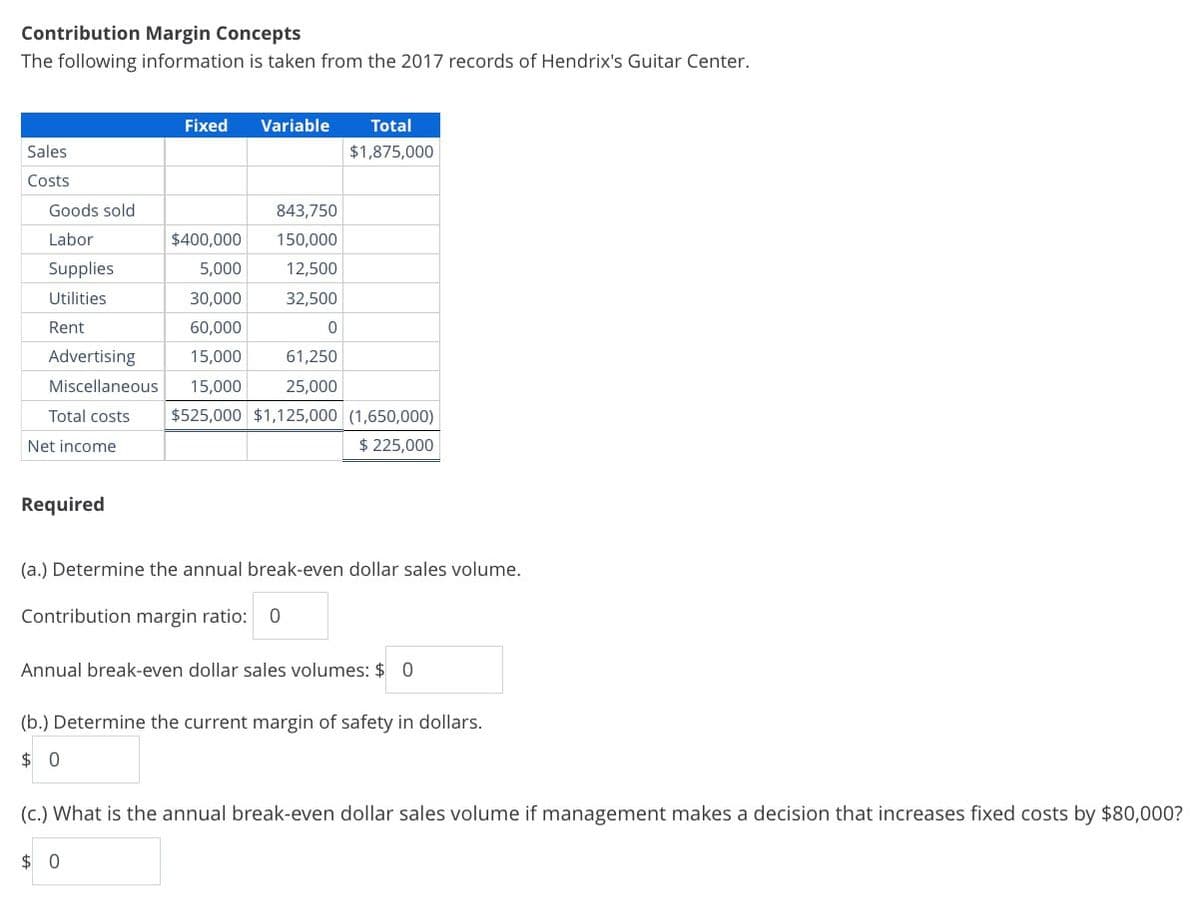 Contribution Margin Concepts
The following information is taken from the 2017 records of Hendrix's Guitar Center.
Sales
Costs
Goods sold
Labor
Supplies
Utilities
Rent
Required
Fixed Variable
843,750
150,000
12,500
32,500
0
61,250
25,000
$400,000
5,000
30,000
60,000
Advertising
15,000
Miscellaneous 15,000
Total costs $525,000 $1,125,000 (1,650,000)
Net income
$ 225,000
Total
$1,875,000
(a.) Determine the annual break-even dollar sales volume.
Contribution margin ratio: 0
Annual break-even dollar sales volumes: $ 0
$0
(b.) Determine the current margin of safety in dollars.
$0
(c.) What is the annual break-even dollar sales volume if management makes a decision that increases fixed costs by $80,000?