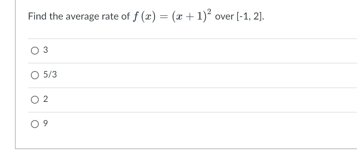 Find the average rate of f (x) = (x + 1)²
over [-1, 2].
5/3
2