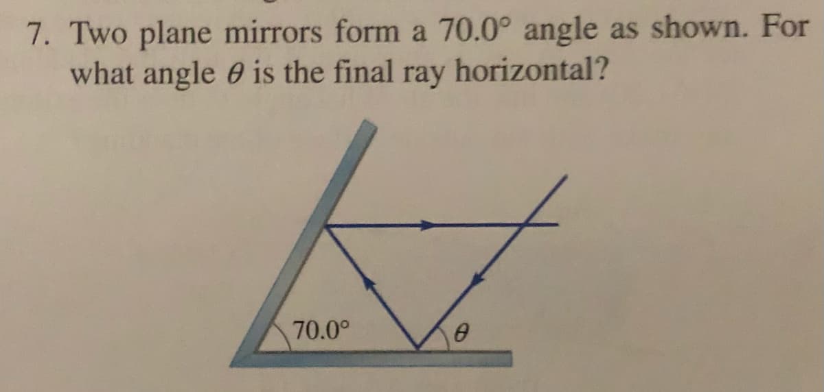 7. Two plane mirrors form a 70.0° angle as shown. For
what angle 0 is the final ray horizontal?
70.0°
