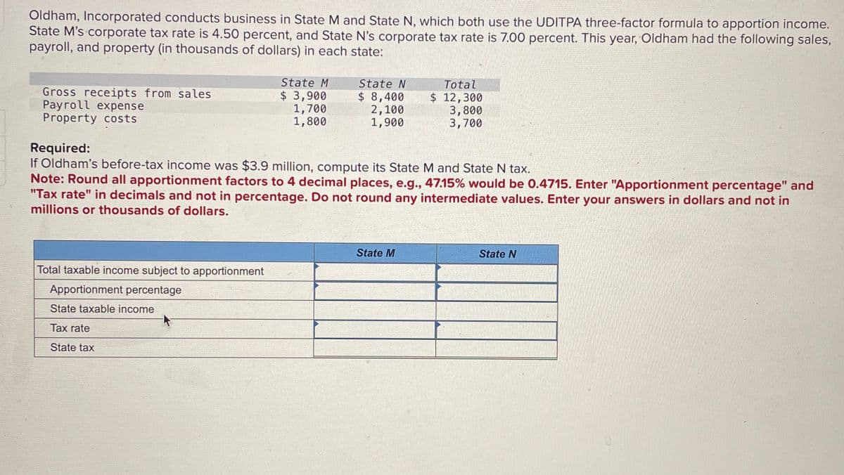Oldham, Incorporated conducts business in State M and State N, which both use the UDITPA three-factor formula to apportion income.
State M's corporate tax rate is 4.50 percent, and State N's corporate tax rate is 7.00 percent. This year, Oldham had the following sales,
payroll, and property (in thousands of dollars) in each state:
Gross receipts from sales
State M
$ 3,900
State N
$ 8,400
Total
$ 12,300
Payroll expense
Property costs
1,700
1,800
2,100
1,900
3,800
3,700
Required:
If Oldham's before-tax income was $3.9 million, compute its State M and State N tax.
Note: Round all apportionment factors to 4 decimal places, e.g., 47.15% would be 0.4715. Enter "Apportionment percentage" and
"Tax rate" in decimals and not in percentage. Do not round any intermediate values. Enter your answers in dollars and not in
millions or thousands of dollars.
Total taxable income subject to apportionment
Apportionment percentage
State taxable income
Tax rate
State tax
State M
State N
