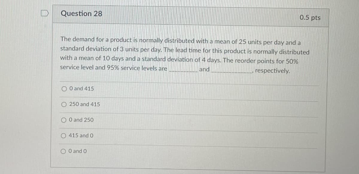 Question 28
0.5 pts
The demand for a product is normally distributed with a mean of 25 units per day and a
standard deviation of 3 units per day. The lead time for this product is normally distributed
with a mean of 10 days and a standard deviation of 4 days. The reorder points for 50%
service level and 95% service levels are
and
respectively.
O0 and 415
O 250 and 415
O 0 and 250
O 415 and 0
O0 and 0